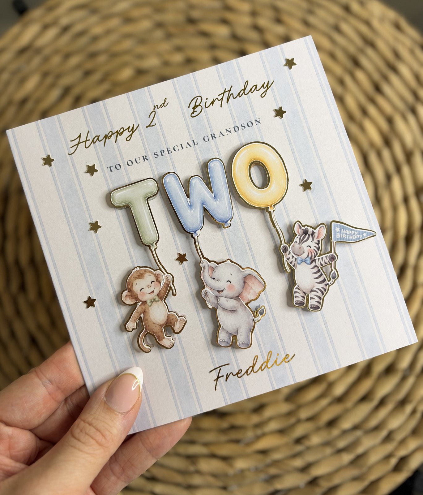 Balloon Letters Age Card — Blue Stripe